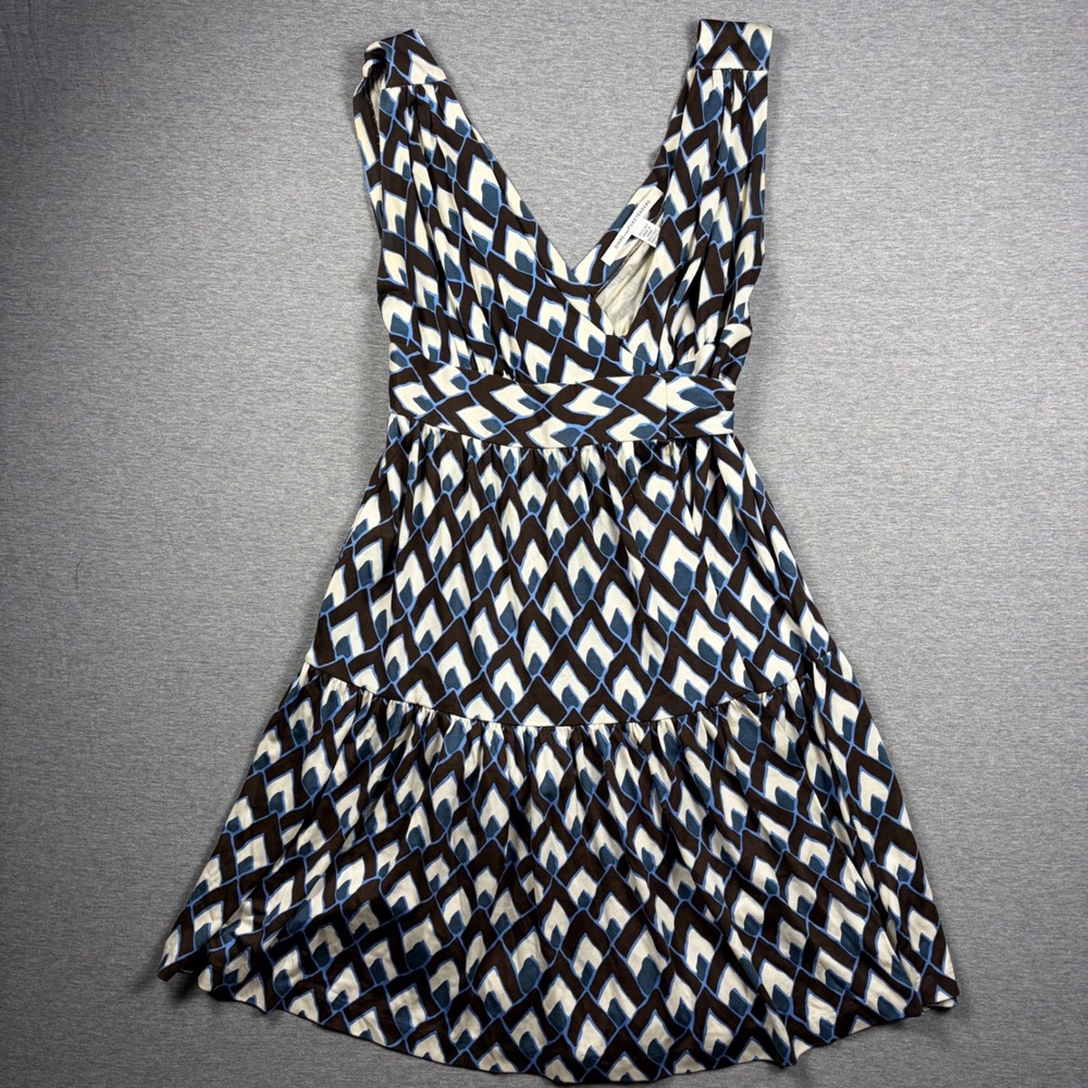 Diane Von Furstenberg Silk Geometric Wrap Dress 2 Blue Brown Sleeveless Mini
